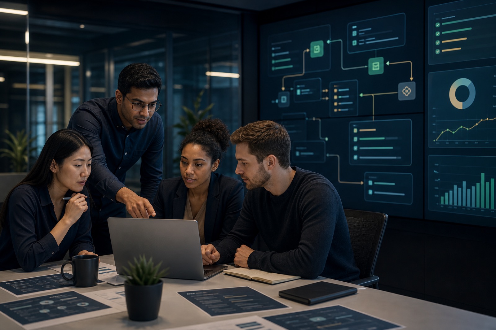 AI-assisted ERP delivery team reviewing workflow outputs