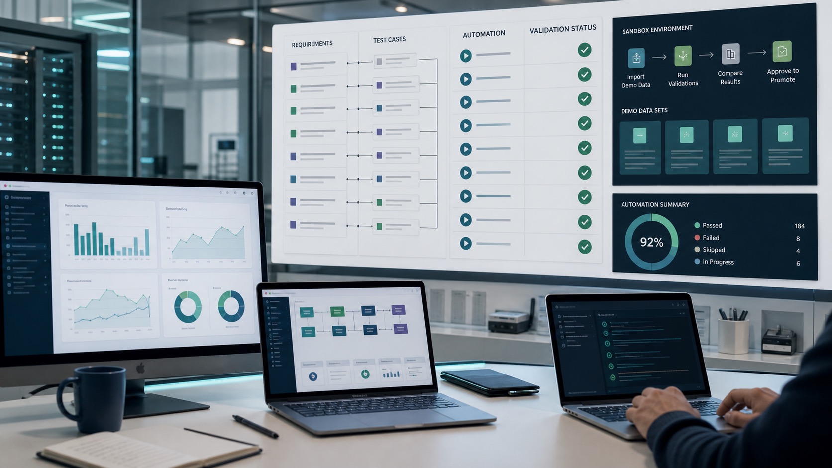 Business Central sandbox validation screens with requirements, tests, and automation status