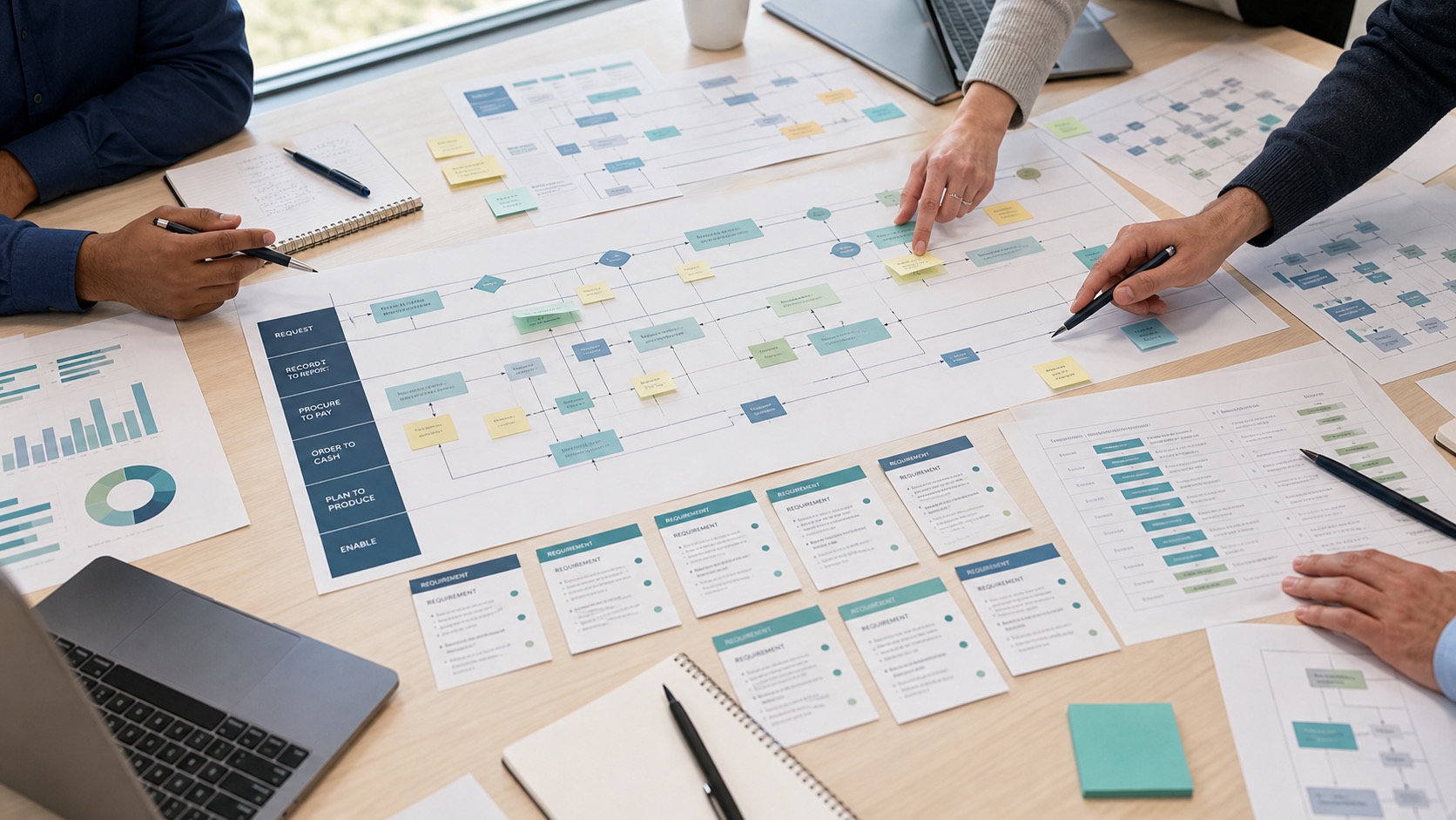 ERP process maps, requirement cards, and acceptance criteria being organized