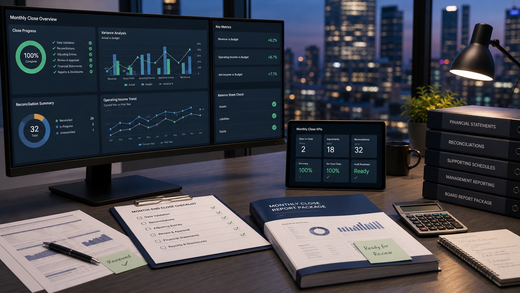 Monthly close dashboard, reconciliation checklist, and reporting package
